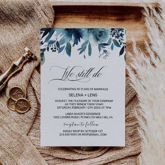 Celestial Navy Blue Floral Vow Vernieuwing Kaart