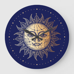 Celestial Navy Blue & Gold  Style Sun Face Grote Klok