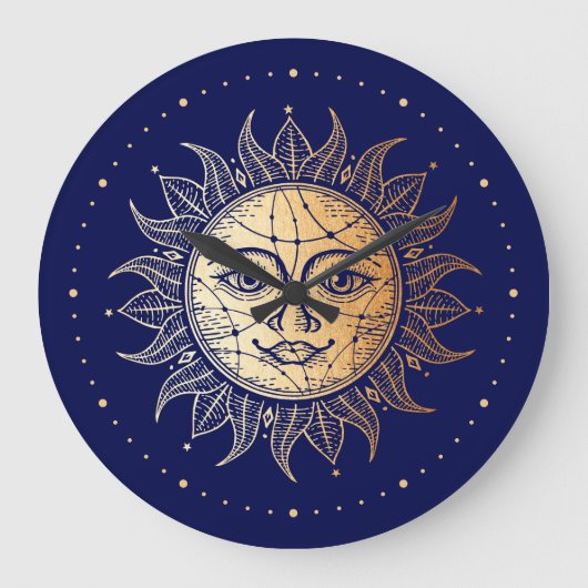 Celestial Navy Blue & Gold  Style Sun Face Grote Klok (Voorkant)