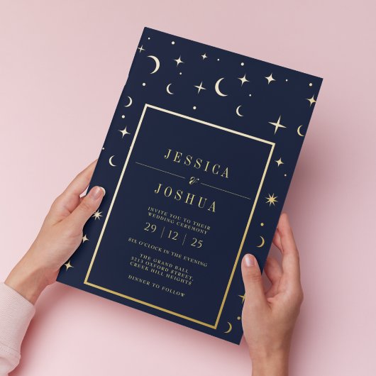 Celestial Navy Blue  Star Moon Golden Folie Folie Uitnodiging