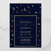Celestial Navy Blue  Star Moon Golden Folie Folie Uitnodiging (Voorkant)