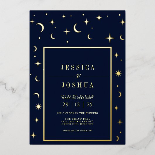 Celestial Navy Blue  Star Moon Golden Folie Folie Uitnodiging (Voorkant)