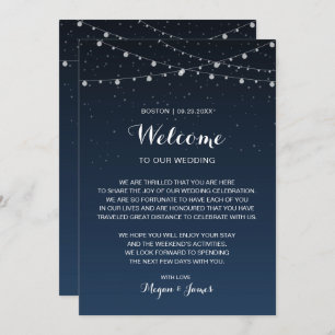 Celestial Navy Blue Stars Wedding Welcome Note Kaart