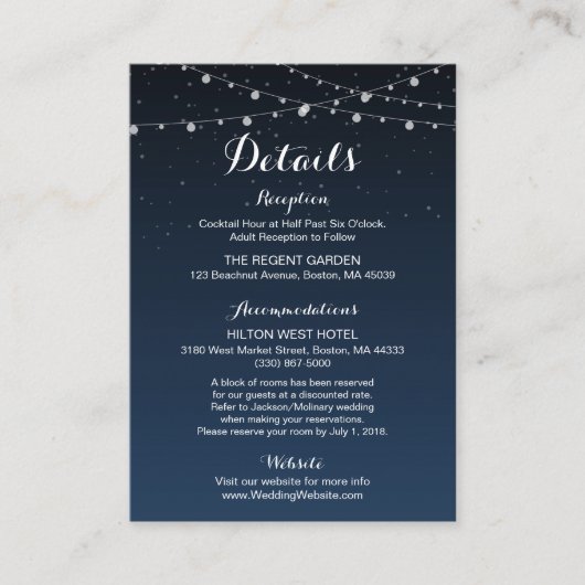 Celestial Navy Blue Sterrennacht Wedding Informatiekaartje (Voorkant)