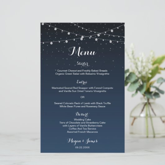 Celestial Navy Blue Sterrennacht Wedding Menu (Staand voorkant)