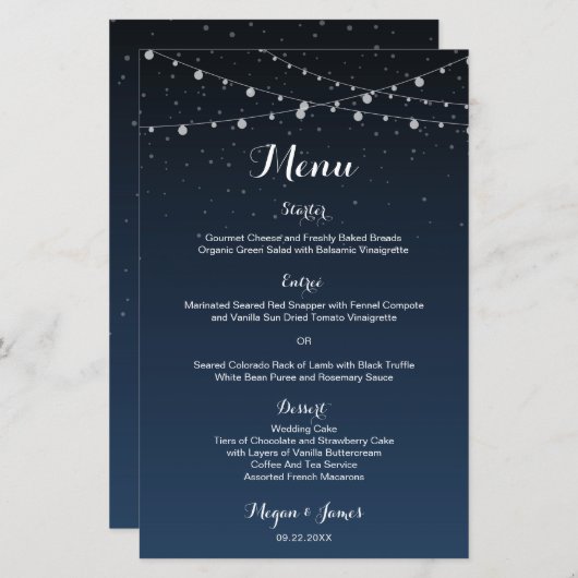 Celestial Navy Blue Sterrennacht Wedding Menu (Voorkant / Achterkant)