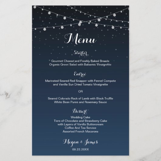 Celestial Navy Blue Sterrennacht Wedding Menu (Voorkant)