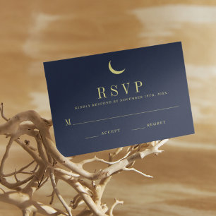 Celestial Navy Crescent Moon Minimal Response Kaar RSVP Kaartje