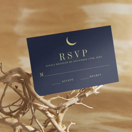 Celestial Navy Crescent Moon Minimal Response Kaar RSVP Kaartje