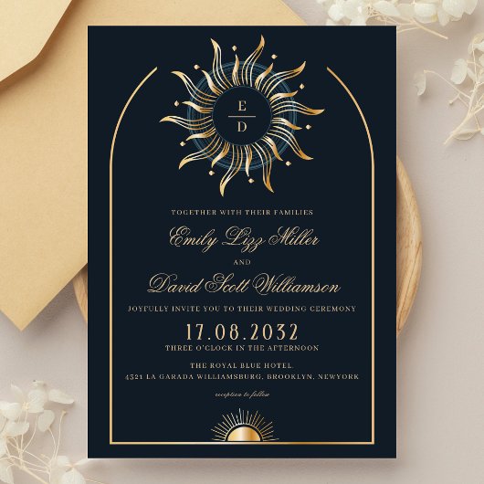 Celestial Navy Gold Esoterisch Monogram Kaart