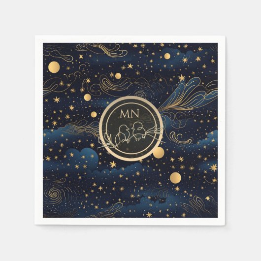 Celestial Navy Gold Monogram Wedding Servet (Voorkant)