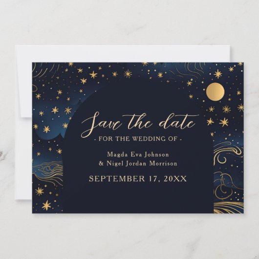 Celestial Navy Gold Wedding Save The Date (Voorkant)