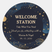 Celestial Navy Gold Wedding Welcome Station Ronde Sticker (Voorkant)