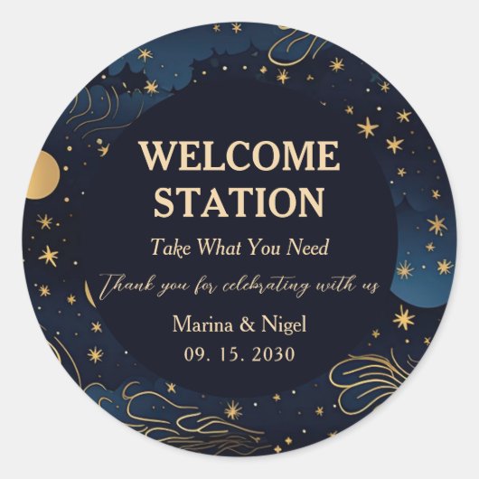 Celestial Navy Gold Wedding Welcome Station Ronde Sticker (Voorkant)