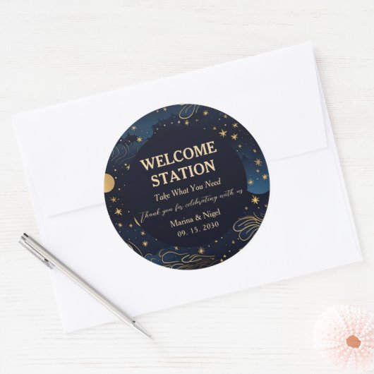 Celestial Navy Gold Wedding Welcome Station Ronde Sticker (Envelop)