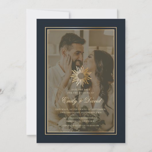 Celestial Navy Gouden Monogram Foto Overlay Save The Date (Voorkant)