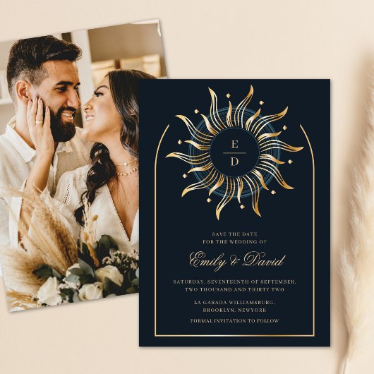 Celestial Navy Gouden Monogram Mystieke Foto Save The Date