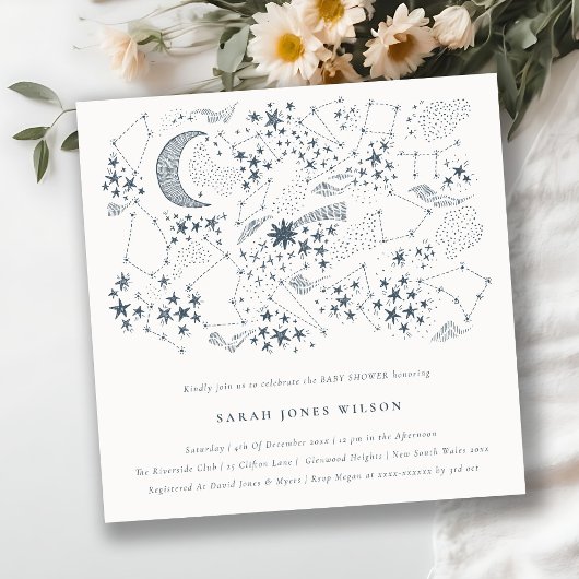 Celestial Navy Sterrennacht Moon Baby shower Kaart