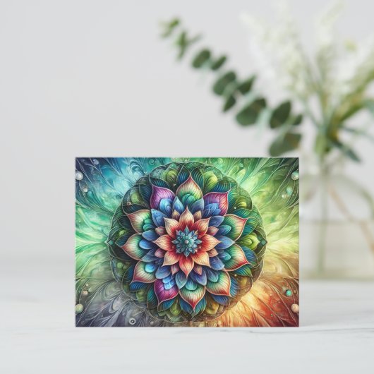 Celestial Neon Mandala met Levendig Abstract Briefkaart (Staand voorkant)