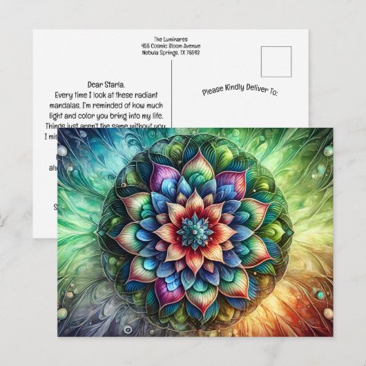 Celestial Neon Mandala met Levendig Abstract Briefkaart (Voorkant / Achterkant)