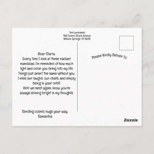 Celestial Neon Mandala met Levendig Abstract Briefkaart (Achterkant)