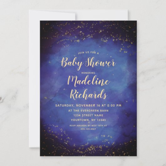 Celestial Night Sky Blue & Gold Stars Baby shower Kaart (Voorkant)
