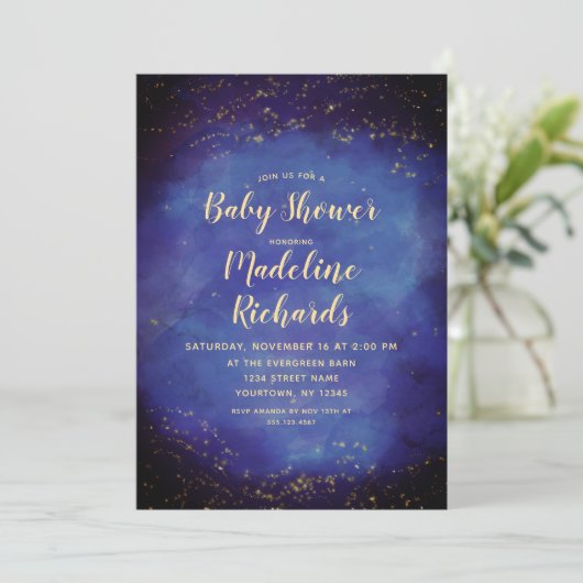 Celestial Night Sky Blue & Gold Stars Baby shower Kaart (Staand voorkant)
