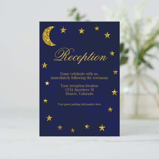 Celestial Night Sky Bruiloft Receptie Informatiekaartje (Staand voorkant)