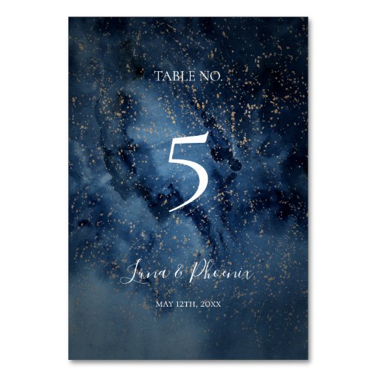 Celestial Night Sky | Gold Table Number Kaart (Voorkant)