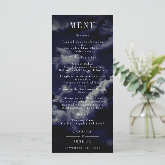 Celestial Night Sky Navy Blauw Huwelijksdiner Menu (Staand voorkant)