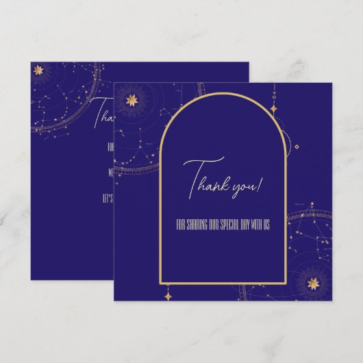 Celestial Night Sky Navy Blue en Gold Wedding Bedankkaart (Voorkant / Achterkant)