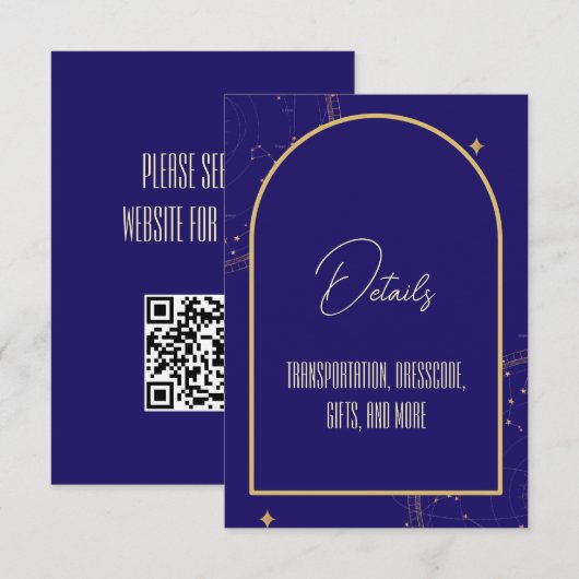 Celestial Night Sky Navy Blue en Gold Wedding Informatiekaartje (Voorkant / Achterkant)