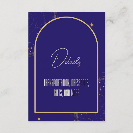 Celestial Night Sky Navy Blue en Gold Wedding Informatiekaartje (Voorkant)