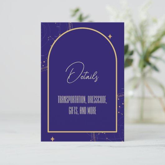 Celestial Night Sky Navy Blue en Gold Wedding Informatiekaartje (Staand voorkant)