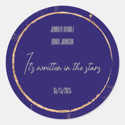Celestial Night Sky Navy Blue en Gold Wedding Ronde Sticker (Voorkant)