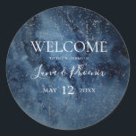 Celestial Night Sky Silver Wedding Welcome Sticker<br><div class="desc">Deze hemel van de hemelsnaam | zilveren trouwwelkomststicker is perfect voor je betoverde bruiloft onder de sterren. De donkere blauwe waterverf hemel van de marine, voorzien van zilveren sterren, zal de toon zetten voor je avondboho buitenbruiloft. Pas het aan zoals u wilt of houd het aan zoals het is. Ben...</div>
