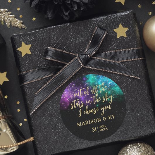 Celestial Night Sky Space Nebula Gold Star Wedding Ronde Sticker