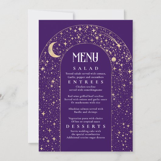 Celestial Night Sky Stars Arch Paarse Wedding Menu Kaart (Voorkant)