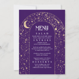 Celestial Night Sky Stars Arch Paarse Wedding Menu Kaart