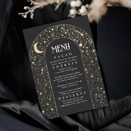 Celestial Night Sky Stars Arch Zwart Bruiloft Menu Kaart