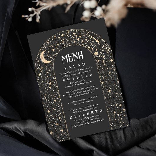 Celestial Night Sky Stars Arch Zwart Bruiloft Menu Kaart