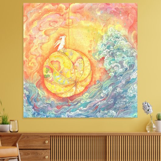 Celestial Orb: Winged Hare on Silken Brocade Canvas Afdruk (Insitu (Woonkamer))