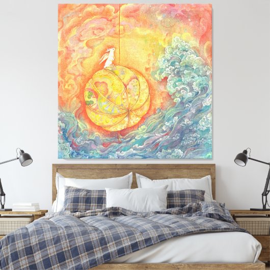 Celestial Orb: Winged Hare on Silken Brocade Canvas Afdruk (Insitu (Slaapkamer))