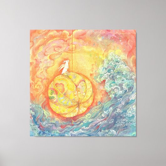 Celestial Orb: Winged Hare on Silken Brocade Canvas Afdruk (Voorkant)