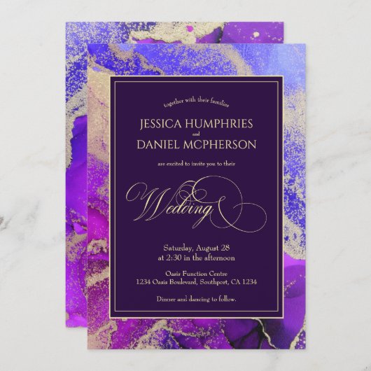 Celestial Paars Gold Moody Wedding Invitation Kaart (Voorkant / Achterkant)