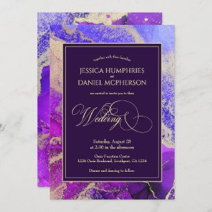 Celestial Paars Gold Moody Wedding Invitation Kaart