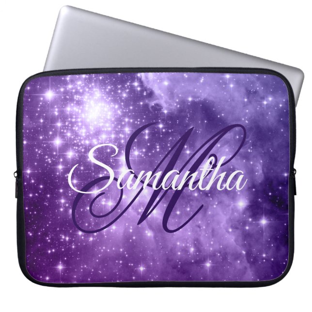 Celestial Paars Starry Sparkle Fancy Monogram Laptop Sleeve (Voorkant)