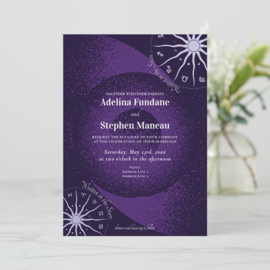 Celestial Paarse Mystieke Horoscoop Wiel Bruiloft Kaart (Staand voorkant)