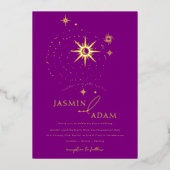 Celestial Paarse sterren en gouden bruiloft Folie Uitnodiging (Voorkant)