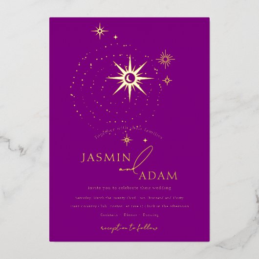 Celestial Paarse sterren en gouden bruiloft Folie Uitnodiging (Voorkant)